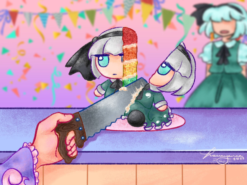 2girls, birthday_cake, black_hairband, cake, confetti, everything_is_cake_(meme), food, fumo_(doll), green_skirt, green_vest, grey_hair, hairband, hanayanaa, hand_saw, highres, holding, konpaku_youmu, meme, multiple_girls, saigyouji_yuyuko, saw, shirt, short_hair, signature, skirt, touhou, vest, white_shirt
