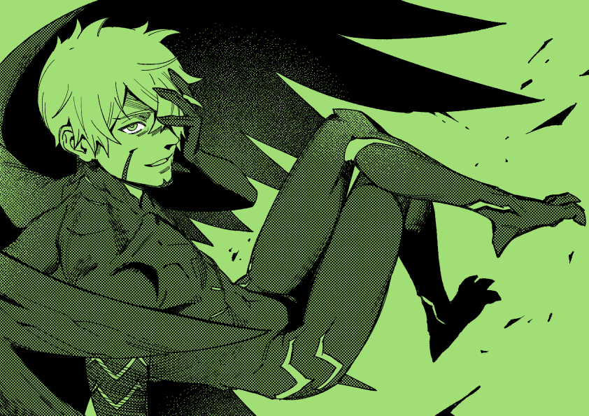 1boy, akakokko_(niro_azarashi), bird_boy, birdmen, bodysuit, crossed_legs, green_theme, hair_over_one_eye, hand_over_eye, looking_at_viewer, male_focus, monochrome, parted_lips, short_hair, silvereye_collins_(birdmen), solo, talons, wings