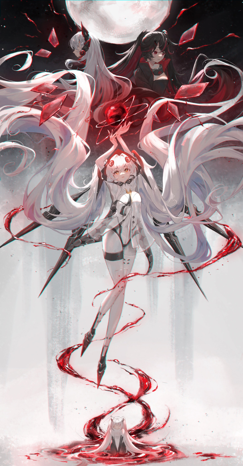 3girls, absurdly_long_hair, absurdres, alpha_(punishing:_gray_raven), black_dress, black_hair, black_jacket, bodysuit