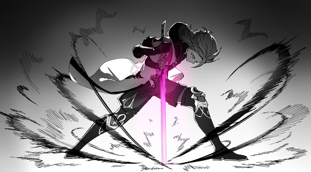 1boy, albedo_(genshin_impact), boots, coat, genshin_impact, gloves, greyscale, holding