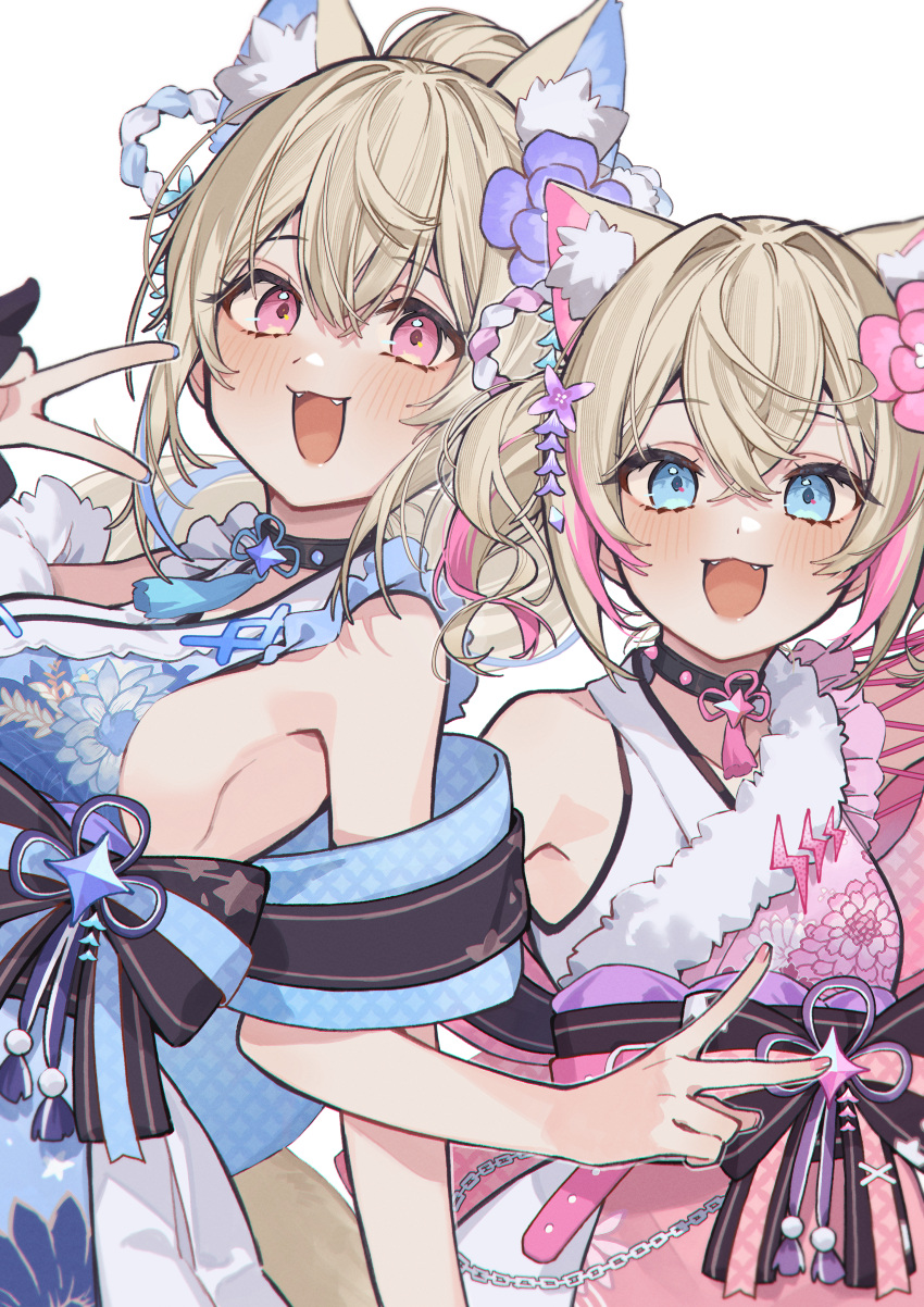 2girls, absurdres, animal_ear_fluff, animal_ears, bare_shoulders, blonde_hair, blue_eyes, blue_hair, blue_kimono, blue_nails, blush, breasts, dog_ears, dog_girl, dog_tail, fangs, fingernails, fuwawa_abyssgard, fuwawa_abyssgard_(new_year), hair_intakes, highres, hololive, hololive_english, japanese_clothes, kimono, large_breasts, looking_at_viewer, mococo_abyssgard, mococo_abyssgard_(new_year), multicolored_hair, multiple_girls, nail_polish, official_alternate_costume, official_alternate_hairstyle, open_mouth, pink_eyes, pink_hair, pink_kimono, pink_nails, ponytail, siblings, sideboob, sideless_kimono, simple_background, sisters, sleeveless, sleeveless_kimono, smile, streaked_hair, tail, tsukino_(nakajimaseiki), twins, twintails, upper_body, v, virtual_youtuber, white_background