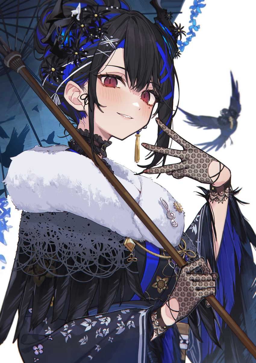 1girl, absurdres, asymmetrical_horns, bird, black_gloves, black_hair, black_kimono, blue_hair