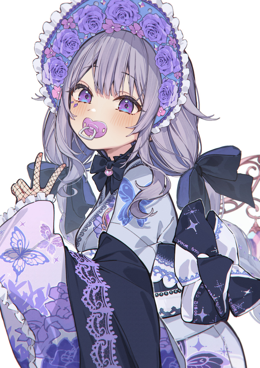 1girl, absurdres, animal_print, back_bow, black_bow, black_bowtie, black_shawl, blue_headwear, blush, bonnet, bow, bowtie, braid, butterfly_print, detached_wings, fishnet_gloves, fishnets, floral_print, floral_print_kimono, flower, frilled_kimono, frilled_sleeves, frills, from_side, gloves, grey_hair, hair_between_eyes, hair_bow, hair_flaps, highres, hololive, hololive_english, japanese_clothes, jewel_under_eye, kimono, koseki_bijou, koseki_bijou_(new_year), lace-trimmed_gloves, lace_trim, long_hair, long_sleeves, looking_at_viewer, low_twin_braids, obi, obijime, official_alternate_costume, pacifier, purple_flower, purple_kimono, purple_rose, rose, rose_print, sash, shawl, sidelocks, simple_background, solo, tsukino_(nakajimaseiki), twin_braids, upper_body, v, very_long_hair, violet_eyes, virtual_youtuber, white_background, wide_sleeves, wings