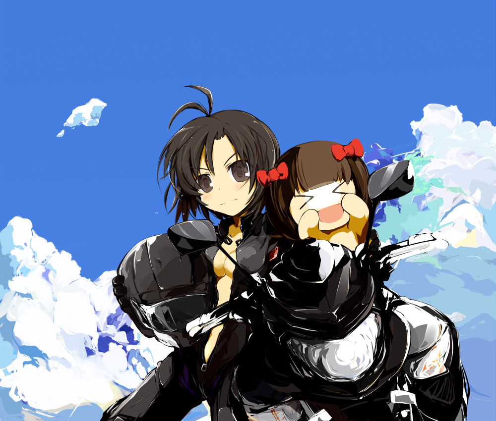 black_eyes, black_hair, bodysuit, center_opening, cloud, helmet, idolmaster, idolmaster_2