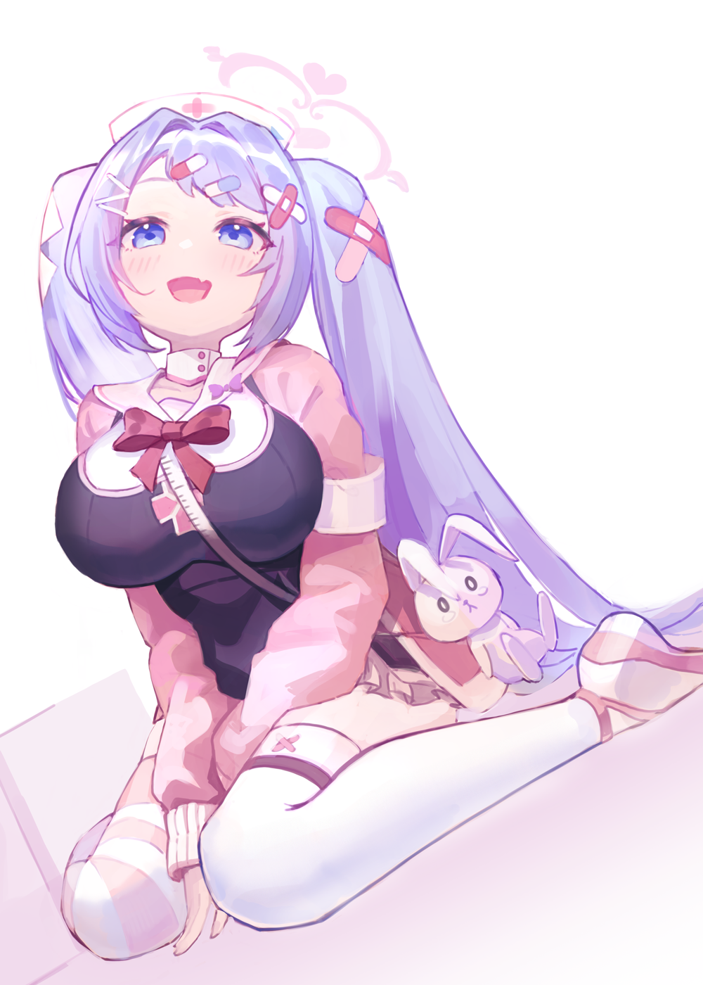 1girl, :d, bandaid, bandaid_hair_ornament, blue_archive, blue_eyes, blush, breasts