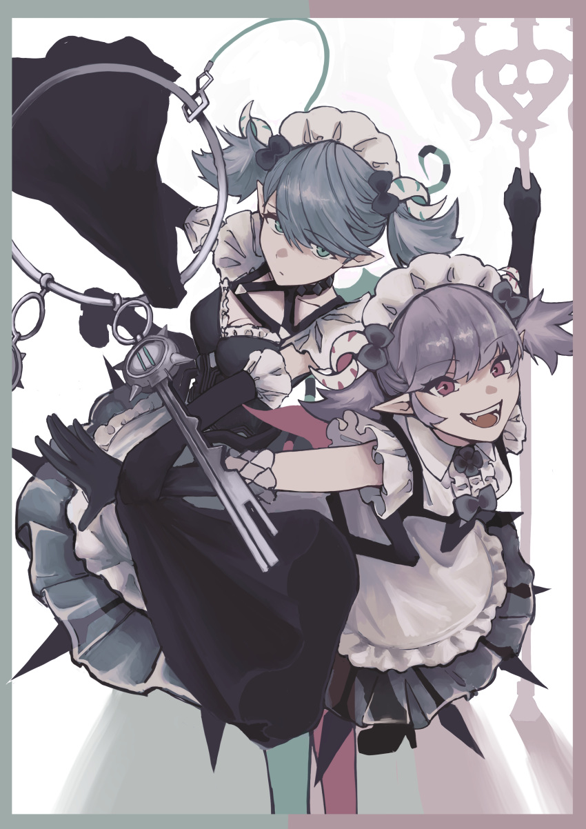 2girls, absurdres, apron, arianna_the_labrynth_servant, arianne_the_labrynth_servant, black_gloves, black_sleeves, blush