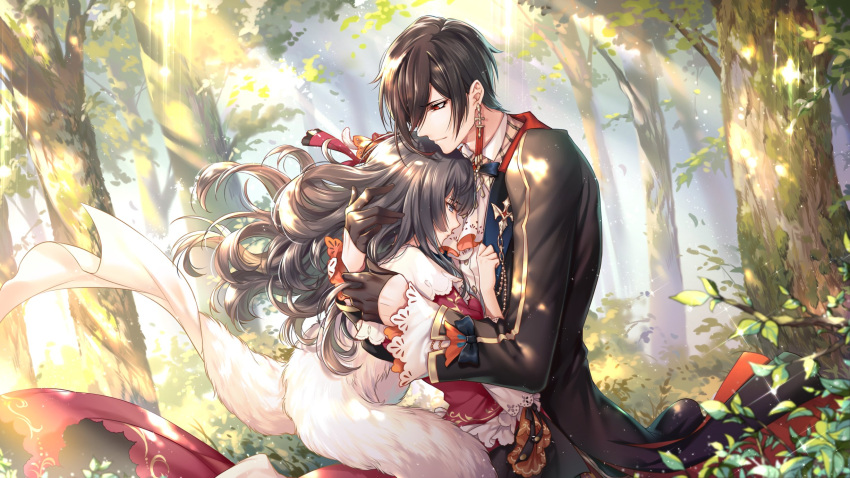 1boy, 1girl, ascot, ayn_alwyn, black_bow, black_bowtie, black_gloves, black_hair, black_jacket, black_pants, blunt_bangs, bow, bowtie, bush, closed_mouth, collared_shirt, couple, dress, dress_shirt, earrings, feather_boa, forest, from_side, gloves, gown, grey_eyes, hair_between_eyes, hair_bow, half_gloves, hand_in_another's_hair, hand_on_another's_back, hand_on_another's_chest, heroine_(lovebrush_chronicles), hetero, highres, hug, jacket, jewelry, kingchenxi, lapel_pin, lapels, light_rays, long_hair, long_sleeves, looking_at_another, lovebrush_chronicles, nature, notched_lapels, official_art, outdoors, pants, plant, profile, red_bow, red_dress, red_eyes, shirt, short_hair, single_earring, sleeve_bow, standing, sunlight, tree, upper_body, white_ascot, white_shirt