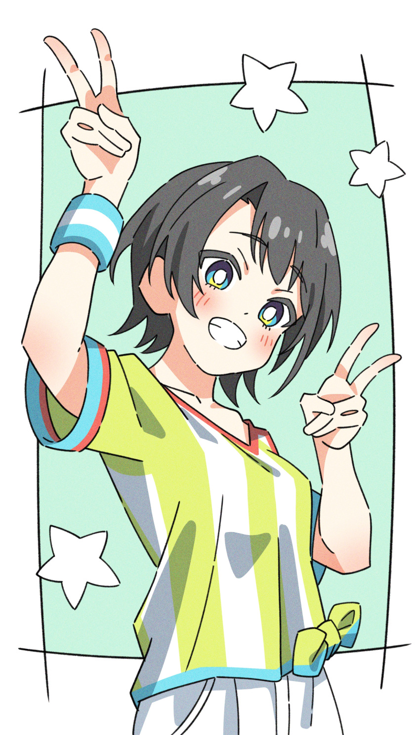 absurdres, armband, black_hair, blue_eyes, blue_wristband, blush, cowboy_shot, double_v
