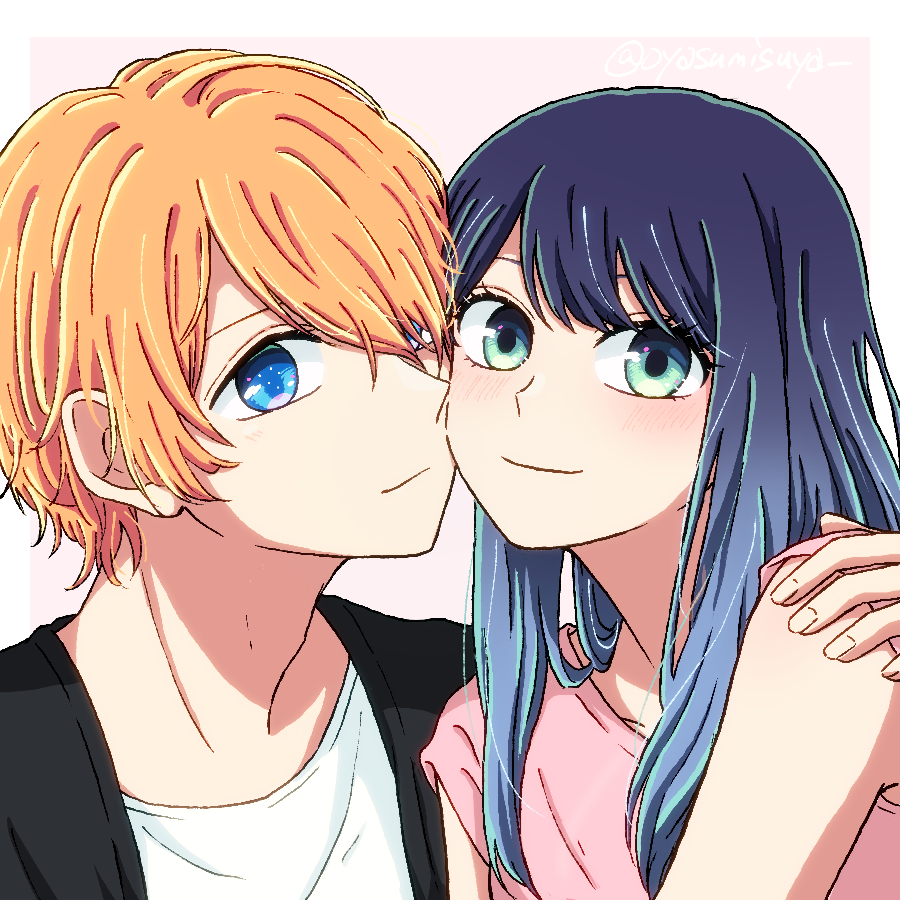 1boy, 1girl, aqua_eyes, black_cardigan, blonde_hair, blue_eyes, blue_hair, blush