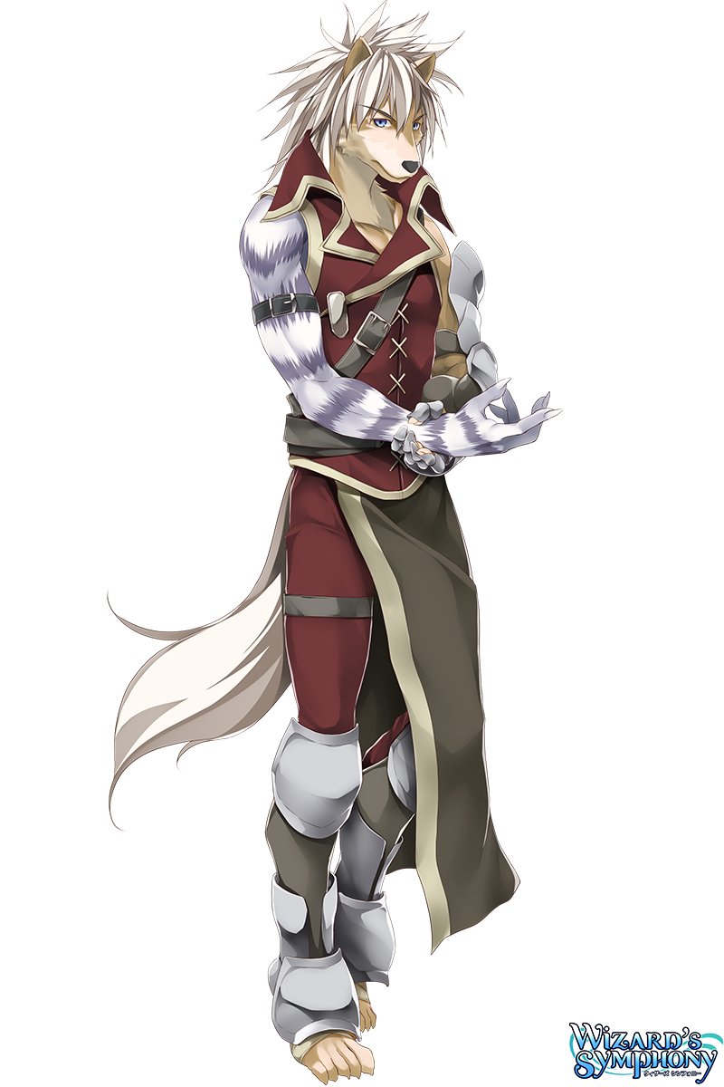 1boy, animal_ears, animal_feet, animal_nose, atelier-moo, belt, blue_eyes, blue_fur, closed_mouth, copyright_name, dog_boy, dog_ears, full_body, furry, furry_male, hair_between_eyes, highres, logo, simple_background, sleeveless, solo, tail, volk_dartfang, white_background, wizards_symphony, wolf_boy