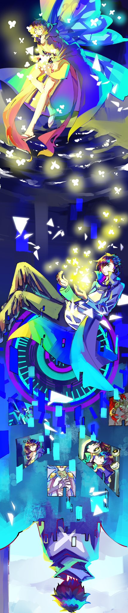 1boy, 1girl, amasawa_keisuke, arkadimon_perfect, arthropod_girl, black_eyes, black_hair, blue_hair