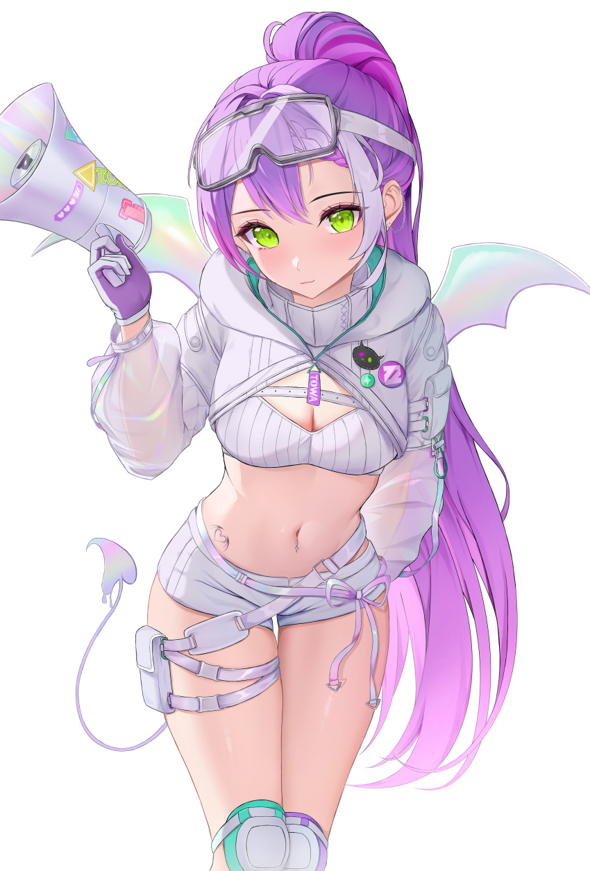 1girl, absurdres, closed_mouth, demon_tail, gloves, goggles, goggles_on_head, green_eyes