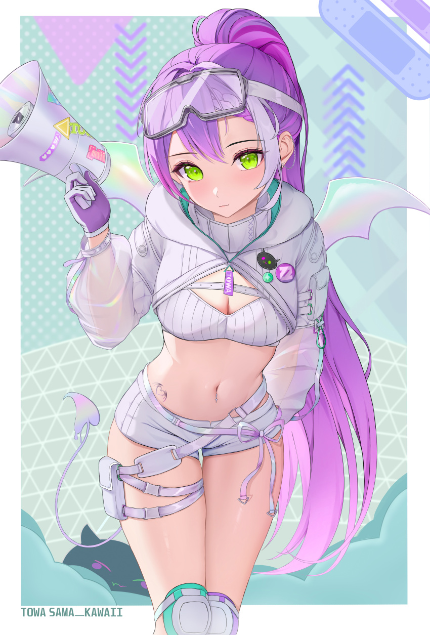 1girl, absurdres, closed_mouth, demon_tail, gloves, goggles, goggles_on_head, green_eyes, hand_on_back, highres, hip_tattoo, holding, holding_megaphone, hololive, knee_pads, long_hair, looking_at_viewer, lunixx, megaphone, melting_tail, multicolored_hair, navel, open_mouth, ponytail, purple_hair, shorts, smile, solo, strapless, tail, tattoo, tokoyami_towa, tokoyami_towa_(5th_costume), tube_top, virtual_youtuber, white_gloves, white_shorts, white_tube_top