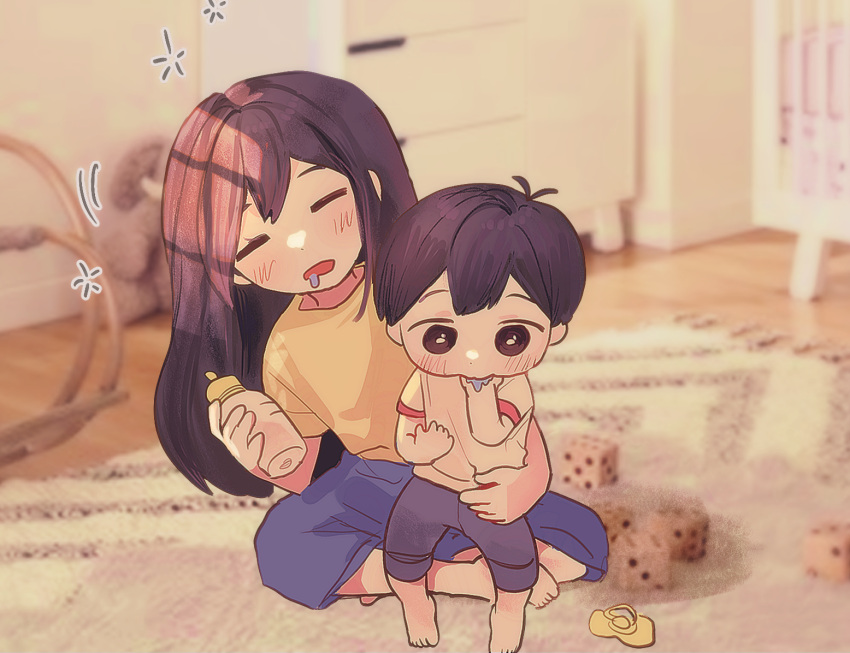 1boy, 1girl, aged_down, antenna_hair, baby_bottle, black_hair, blue_pants, bottle