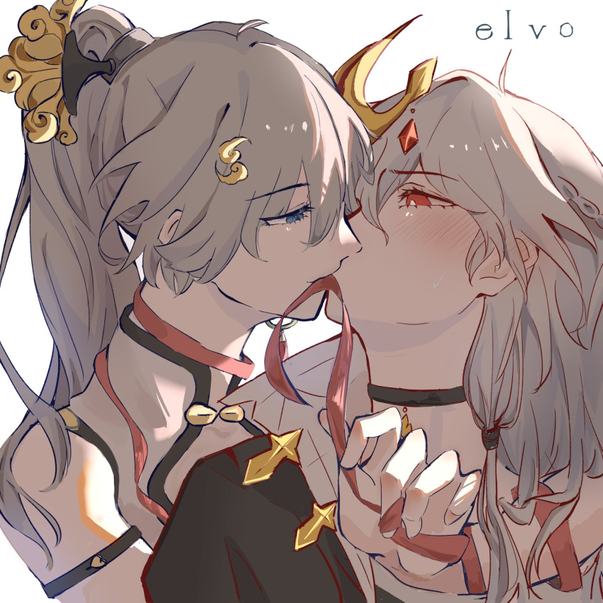 2girls, asymmetrical_clothes, asymmetrical_sleeves, bare_shoulders, bird_hair_ornament, black_choker, black_dress, black_hanfu