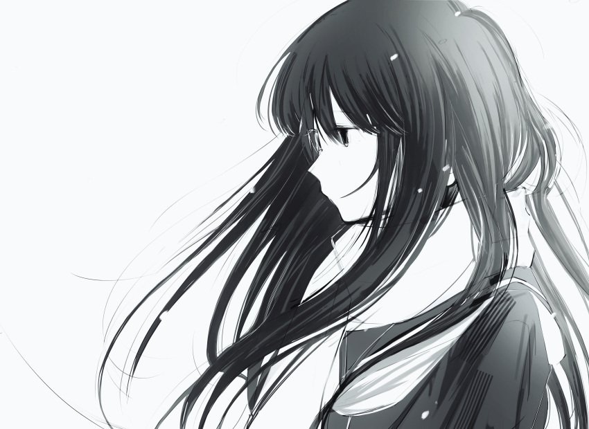 1girl, absurdres, closed_mouth, expressionless, floating_hair, from_side, greyscale, hair_between_eyes