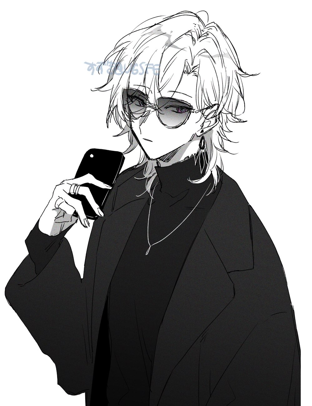 1boy, :|, arm_at_side, aventurine_(honkai:_star_rail), cellphone, closed_mouth, earrings, expressionless, greyscale, hair_between_eyes, highres, holding, holding_phone, honkai:_star_rail, honkai_(series), jacket, jewelry, long_sleeves, looking_at_viewer, male_focus, medium_hair, monochrome, open_clothes, open_jacket, parted_hair, pendant, phone, sidelocks, smartphone, solo, spot_color, sunglasses, turtleneck_shirt, ugsfe, upper_body, violet_eyes