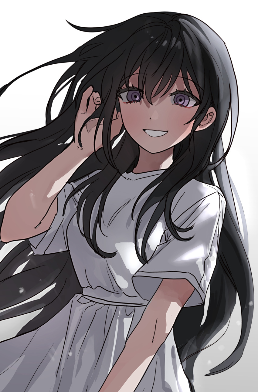 1girl, absurdres, black_hair, dress, gradient_background, grey_background, grin, hand_in_own_hair