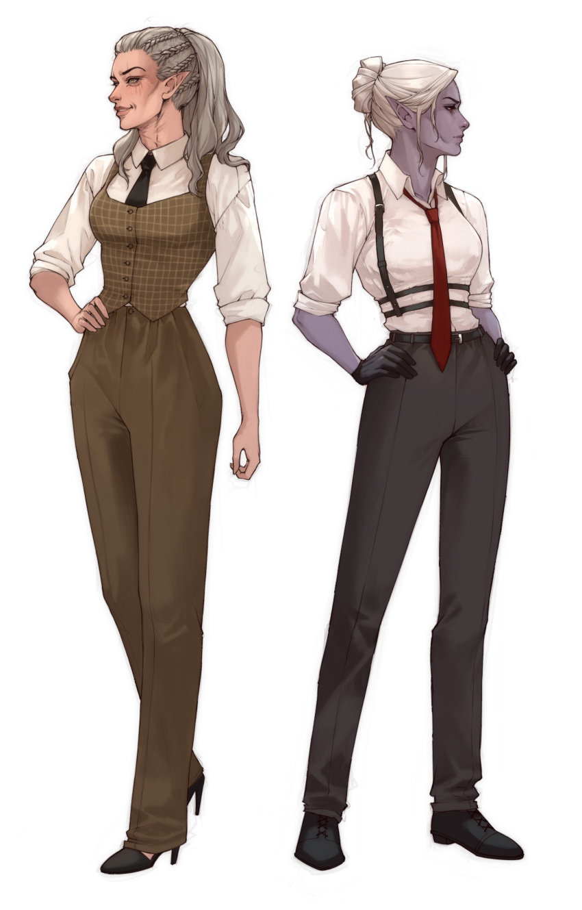 2girls, absurdres, alternate_costume, annasassiart, baldur's_gate, baldur's_gate_3, belt, black_footwear