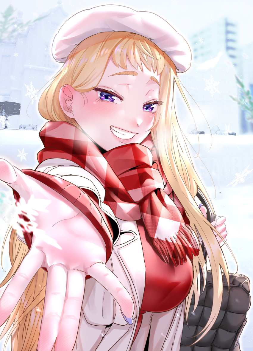 1girl, absurdres, bag, beret, blush, breasts, breath, dosanko_gal_wa_namaramenkoi