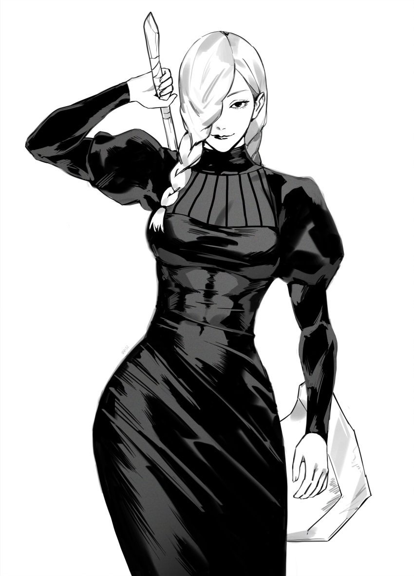 1girl, absurdres, axe, black_dress, braid, dress, hair_over_face, highres