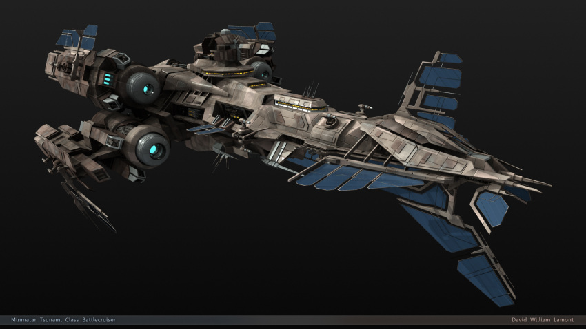 3d, artist_name, battlecruiser_(eve_online), cannon, commentary, concept_art, dark_background, dlamont