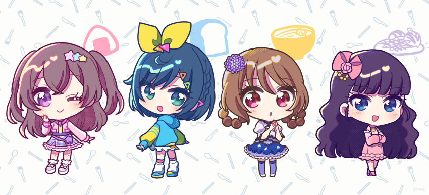 4girls, :d, :o, black_hair, blue_eyes, blue_hair, blue_jacket, blue_skirt