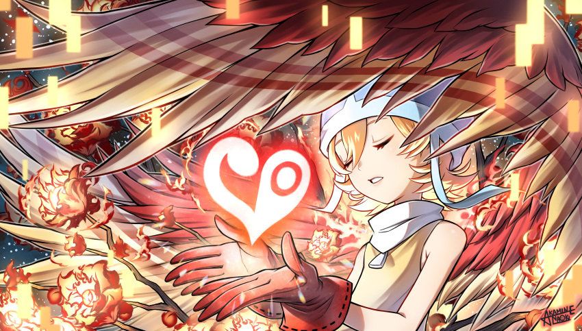 1girl, absurdres, akamine_naoki, blue_headwear, closed_eyes, digimon, digimon_adventure, feathered_wings, fire, flower, garudamon, gloves, highres, orange_hair, out_of_frame, parted_lips, red_gloves, shirt, short_hair, sleeveless, sleeveless_shirt, takenouchi_sora, wings, yellow_shirt