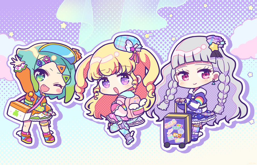 3girls, :d, ;d, arm_up, backpack, bag, blonde_hair, blue_hair