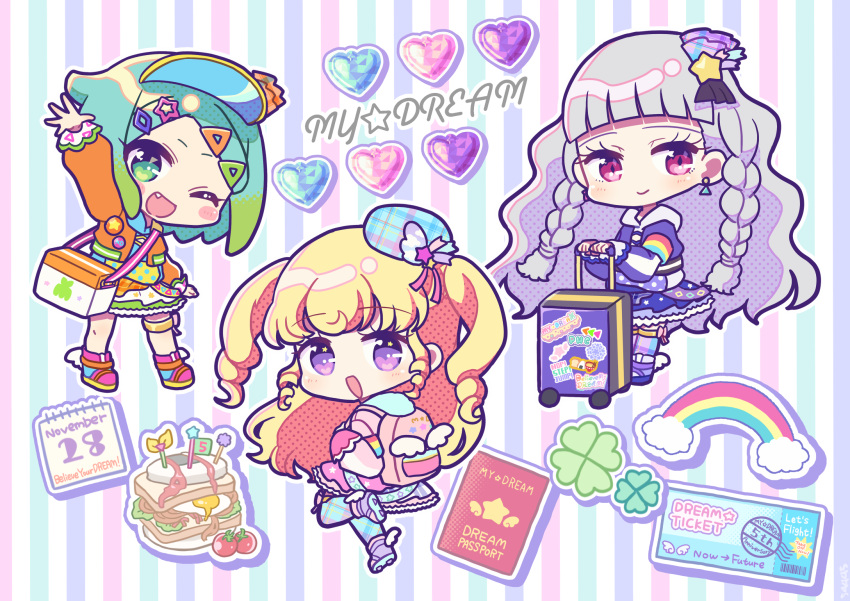 3girls, :d, ;d, arm_up, backpack, bag, blonde_hair, blue_hair