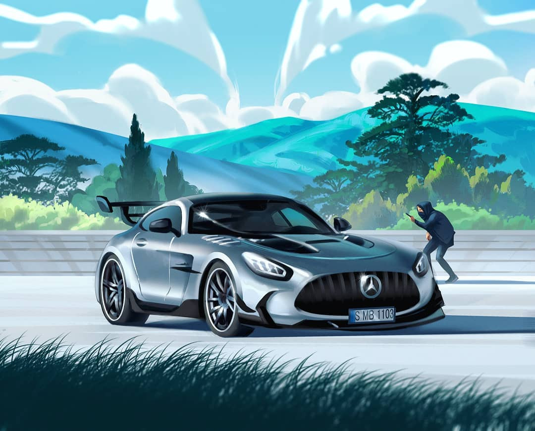 1boy, black_footwear, black_hoodie, black_pants, car, clouds, english_commentary, holding