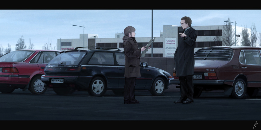 1boy, 1girl, black_coat, black_footwear, black_pants, blue_sky, brown_coat, brown_hair