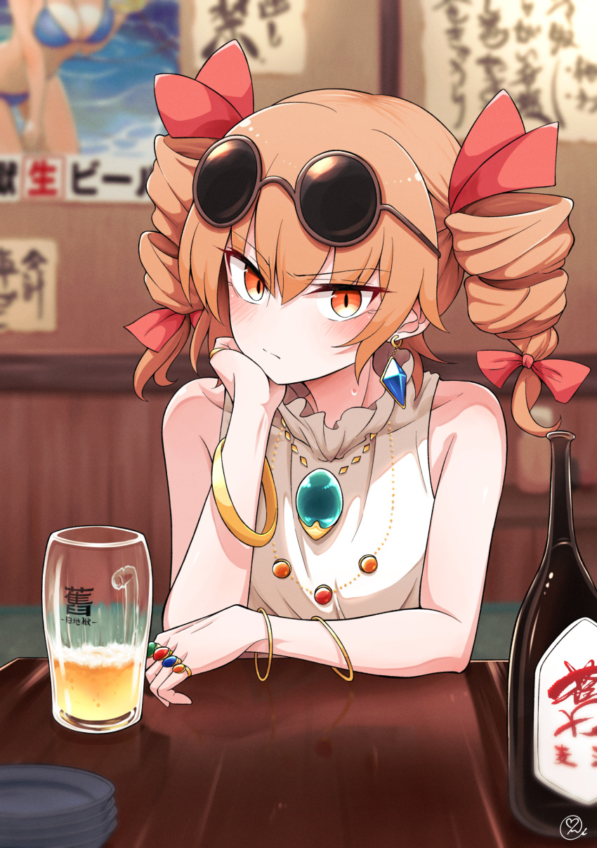 1girl, alcohol, bangle, beer, beer_mug, blurry, blurry_background, blush