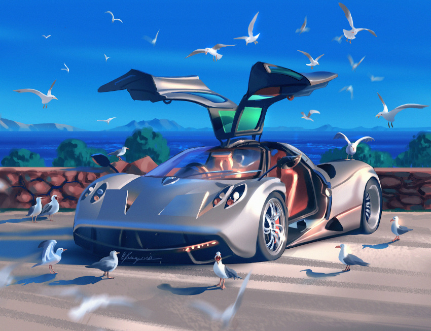 bird, blurry, blurry_foreground, car, english_commentary, flying, gullwing_doors, highres