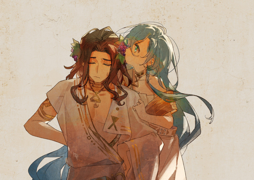 1boy, 1girl, 210_(reverse:1999), 37_(reverse:1999), ancient_greek_clothes, backlighting, blue_eyes, blue_hair