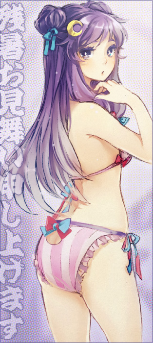 ass, bad_id, bikini, colored_eyelashes, crescent, crescent_moon, double_bun, eyelashes