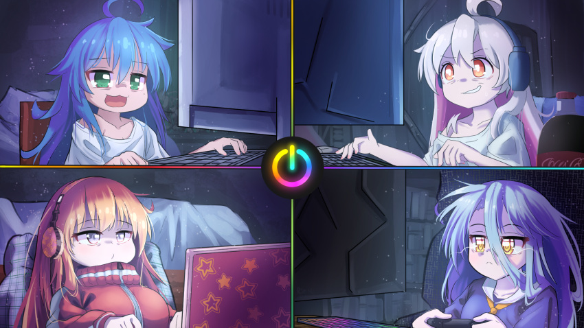 4girls, :<, :3, :d, ahoge, bags_under_eyes, blonde_hair, blue_hair