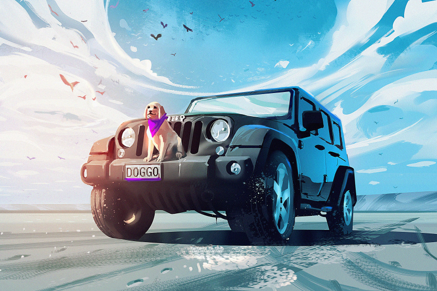 bird, black_eyes, clouds, dog, english_commentary, flying, highres, jeep_(company)