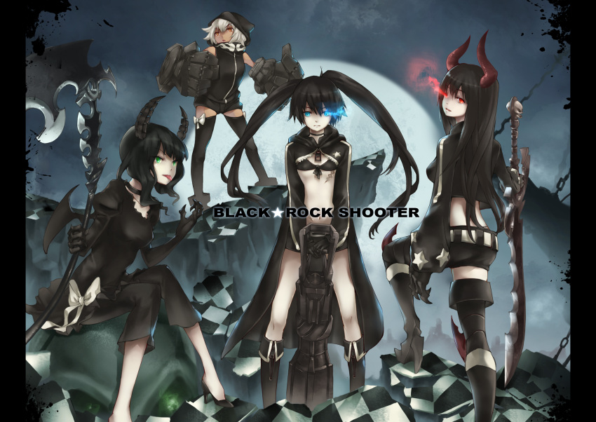 :p, arm_cannon, bikini_top, black_gold_saw, black_hair, black_rock_shooter, black_rock_shooter_(character), blue_eyes