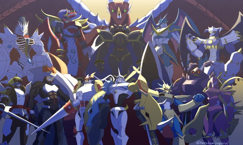 6+boys, alphamon, arm_blade, arm_cannon, armor, blue_skin, cape, colored_skin