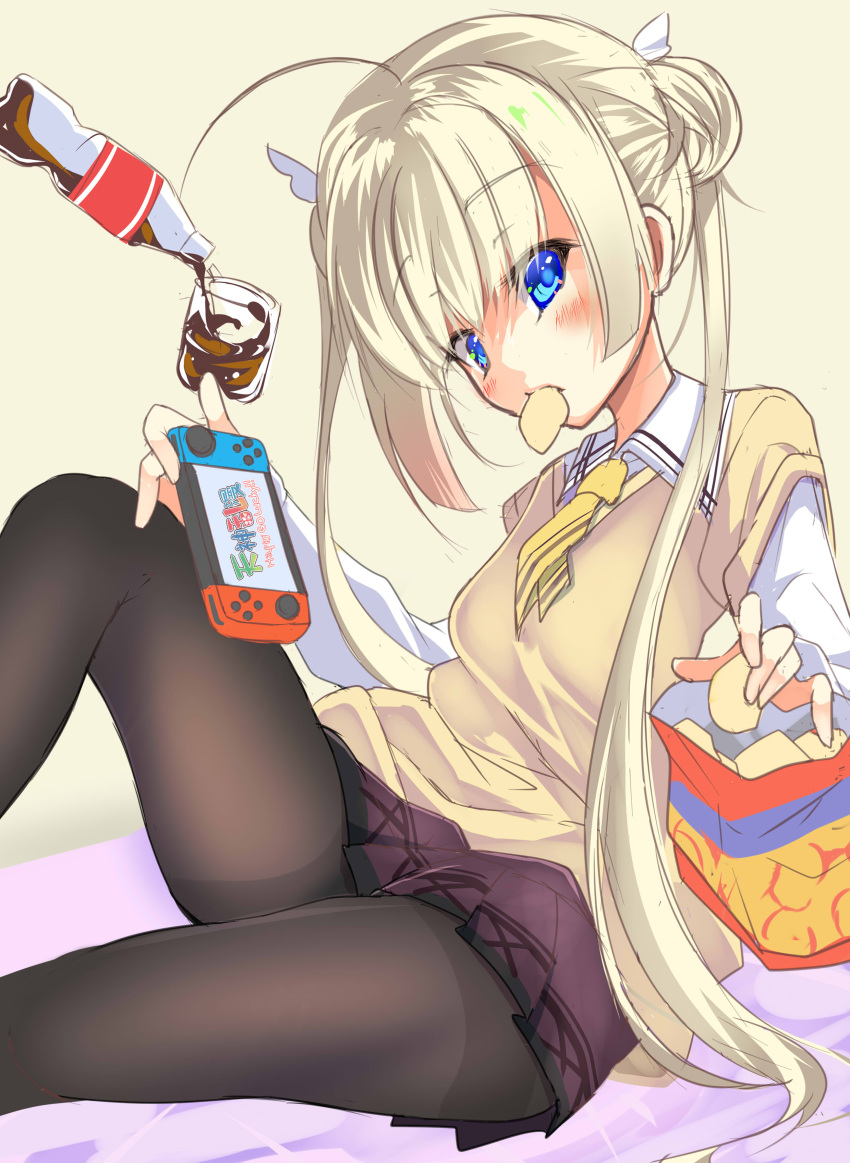 1girl, absurdres, ahoge, black_pantyhose, blonde_hair, blue_eyes, blunt_ends, blush
