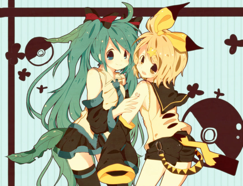 animal_ears, aqua_eyes, aqua_hair, blonde_hair, bow, cosplay, detached_sleeves, hair_bow, hair_ribbon, hatsune_miku, kagamine_rin, leaf, leafeon, long_hair, mi-ru, multiple_girls, necktie, pikachu, pokemon, ribbon, short_hair, skirt, smile, tail, thigh-highs, thighhighs, twintails, very_long_hair, vocaloid, yellow_eyes, zettai_ryouiki