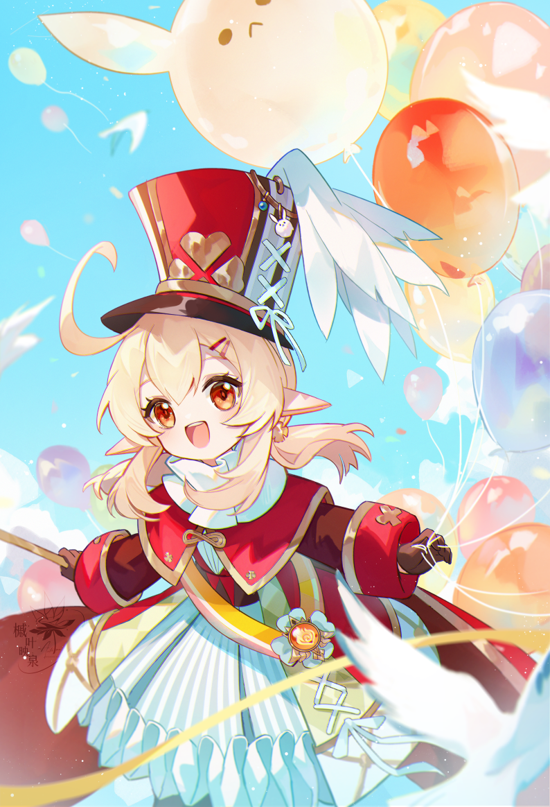 1girl, :d, ahoge, alternate_costume, animal_balloon, autumnlll, balloon, blonde_hair