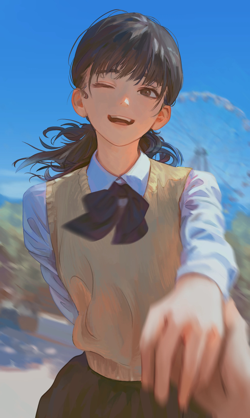 1girl, 1other, ;d, absurdres, arm_behind_back, black_bow, black_bowtie, black_hair