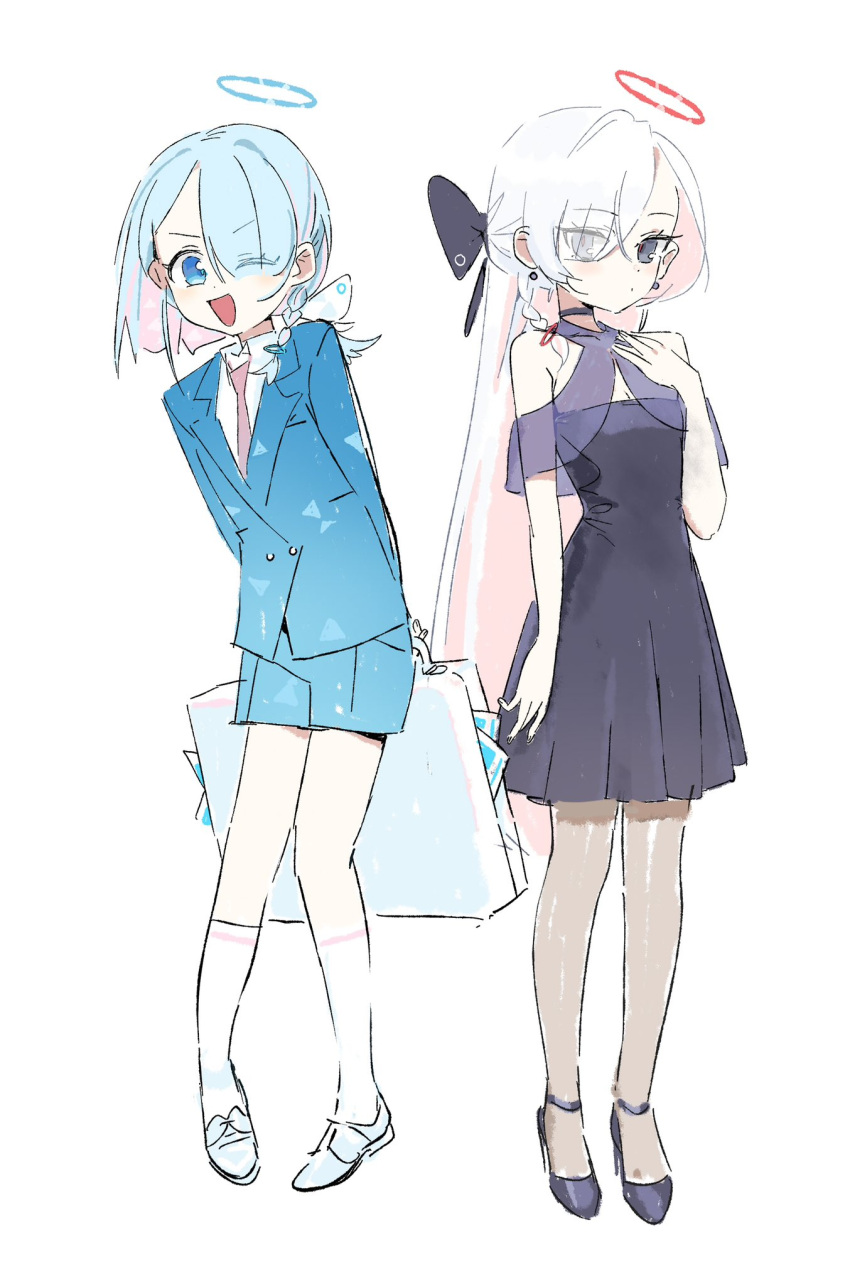 2girls, :d, ;d, adapted_costume, alternate_costume, ankle_strap, arms_behind_back, arona_(blue_archive), bag, bare_arms, bare_shoulders, black_bow, black_choker, black_footwear, black_pantyhose, blue_archive, blue_eyes, blue_hair, blue_halo, blue_jacket, blue_pupils, blue_shorts, blue_suit, bow, braid, choker, closed_mouth, collared_shirt, colored_inner_hair, commentary, cosplay, dot_nose, dress, earrings, full_body, grey_eyes, hair_bow, hair_over_one_eye, halo, hand_on_own_chest, haruka_(blue_archive), haruka_(blue_archive)_(cosplay), haruka_(dress)_(blue_archive), high_heels, highres, holding, holding_bag, jacket, jewelry, light_blue_hair, long_hair, long_sleeves, looking_at_viewer, medium_hair, multicolored_hair, multiple_girls, mutsuki_(blue_archive), mutsuki_(blue_archive)_(cosplay), mutsuki_(suit)_(blue_archive), necktie, nemo_(leafnight), one_eye_closed, pantyhose, pink_hair, plana_(blue_archive), pleated_dress, purple_dress, red_halo, red_necktie, red_pupils, shirt, shoes, shorts, simple_background, single_braid, sleeveless, sleeveless_dress, smile, socks, standing, strappy_heels, suit, symbol-only_commentary, tareme, tsurime, v-shaped_eyebrows, very_long_hair, white_background, white_bag, white_bow, white_footwear, white_hair, white_shirt, white_socks