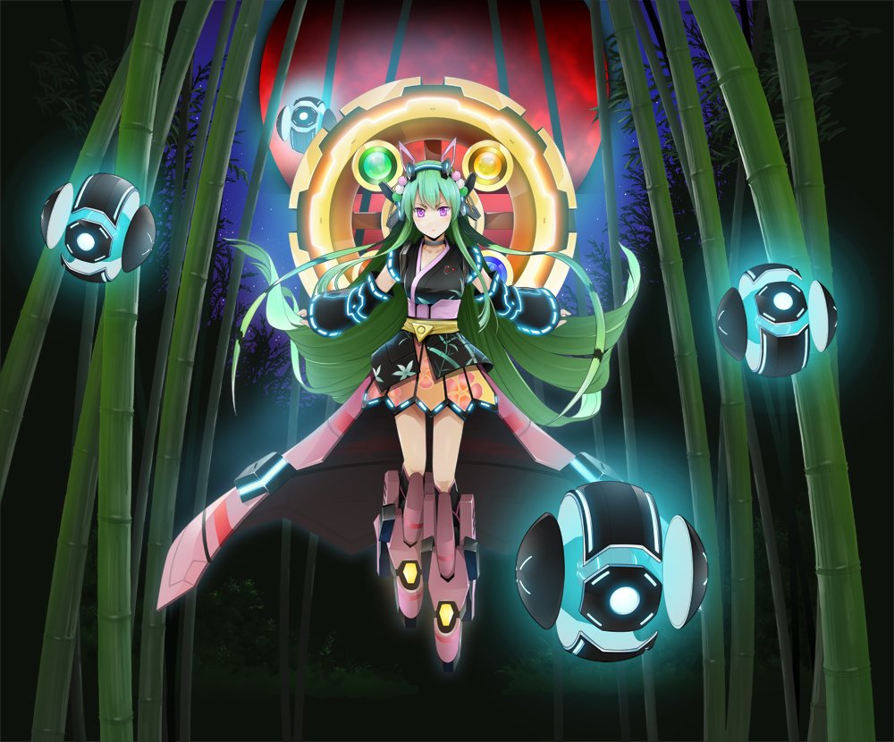 1girl, animal_ear_hairband, animal_ears, artist_request, bamboo, breasts, cape, cosmic_break, dango_hair_ornament, detached_sleeves, drone, fake_animal_ears, food-themed_hair_ornament, green_hair, hair_ornament, hairband, halo, leg_armor, long_hair, looking_at_viewer, medium_breasts, moon, official_art, outstretched_arms, red_moon, second-party_source, skirt, tsukuyomi_mikoto, very_long_hair, violet_eyes