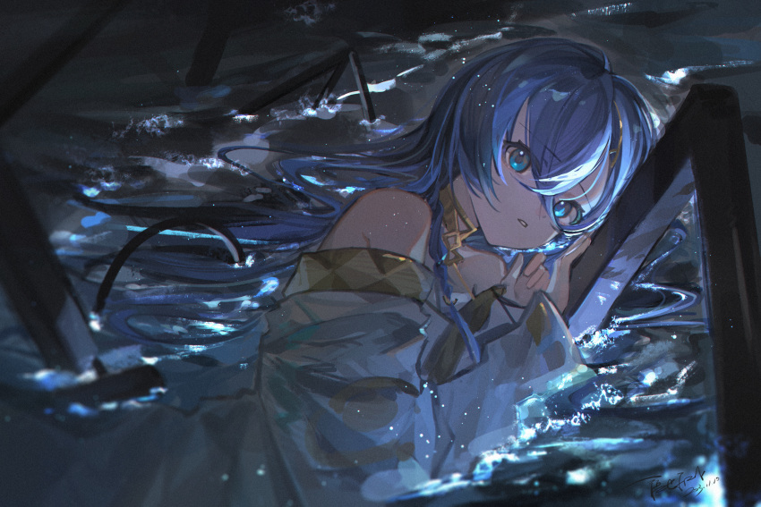 1girl, 37_(reverse:1999), artist_name, bare_shoulders, blue_eyes, blue_hair, dated, geometric_solid