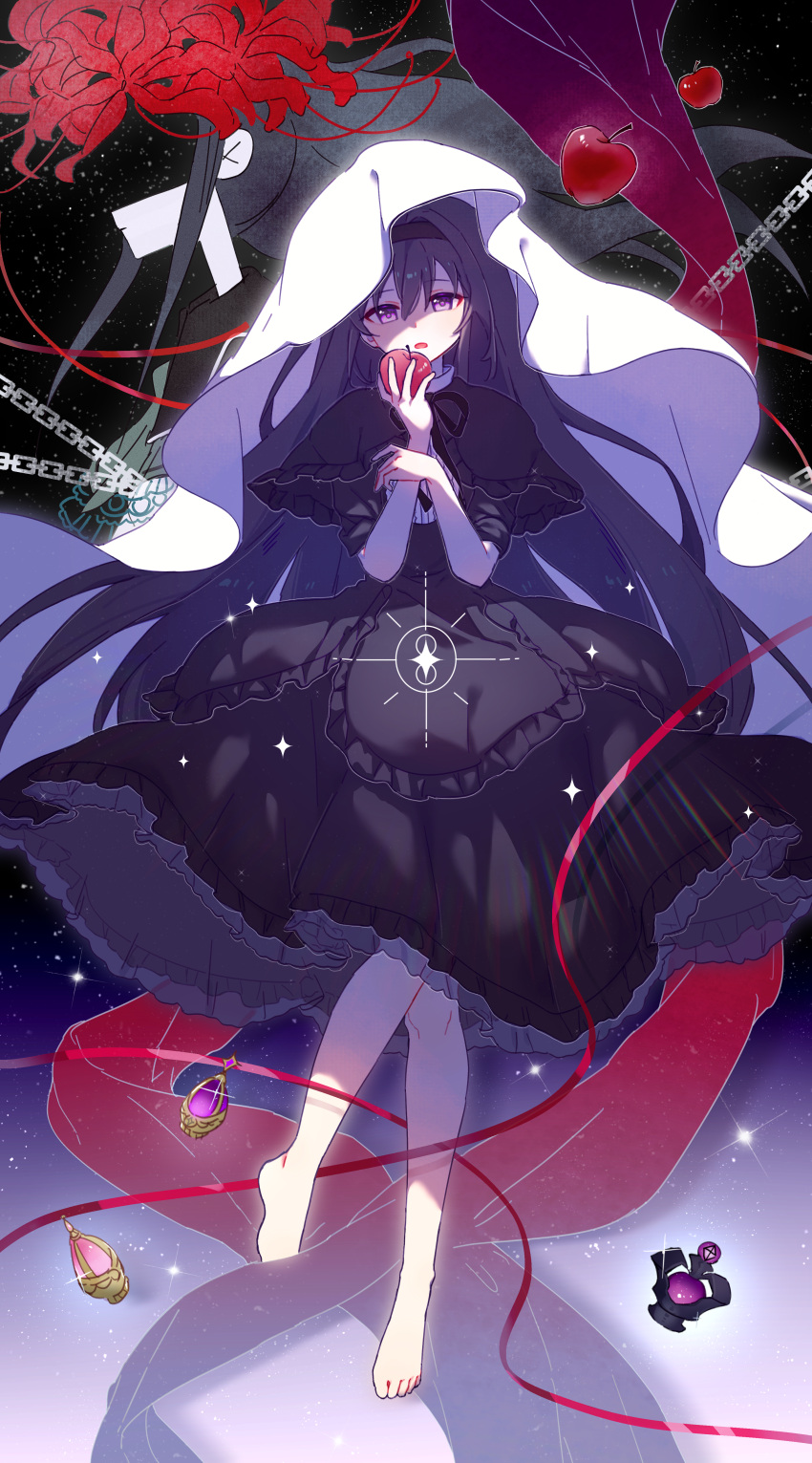 1girl, absurdres, akemi_homura, apple, barefoot, black_capelet, black_dress, black_hair