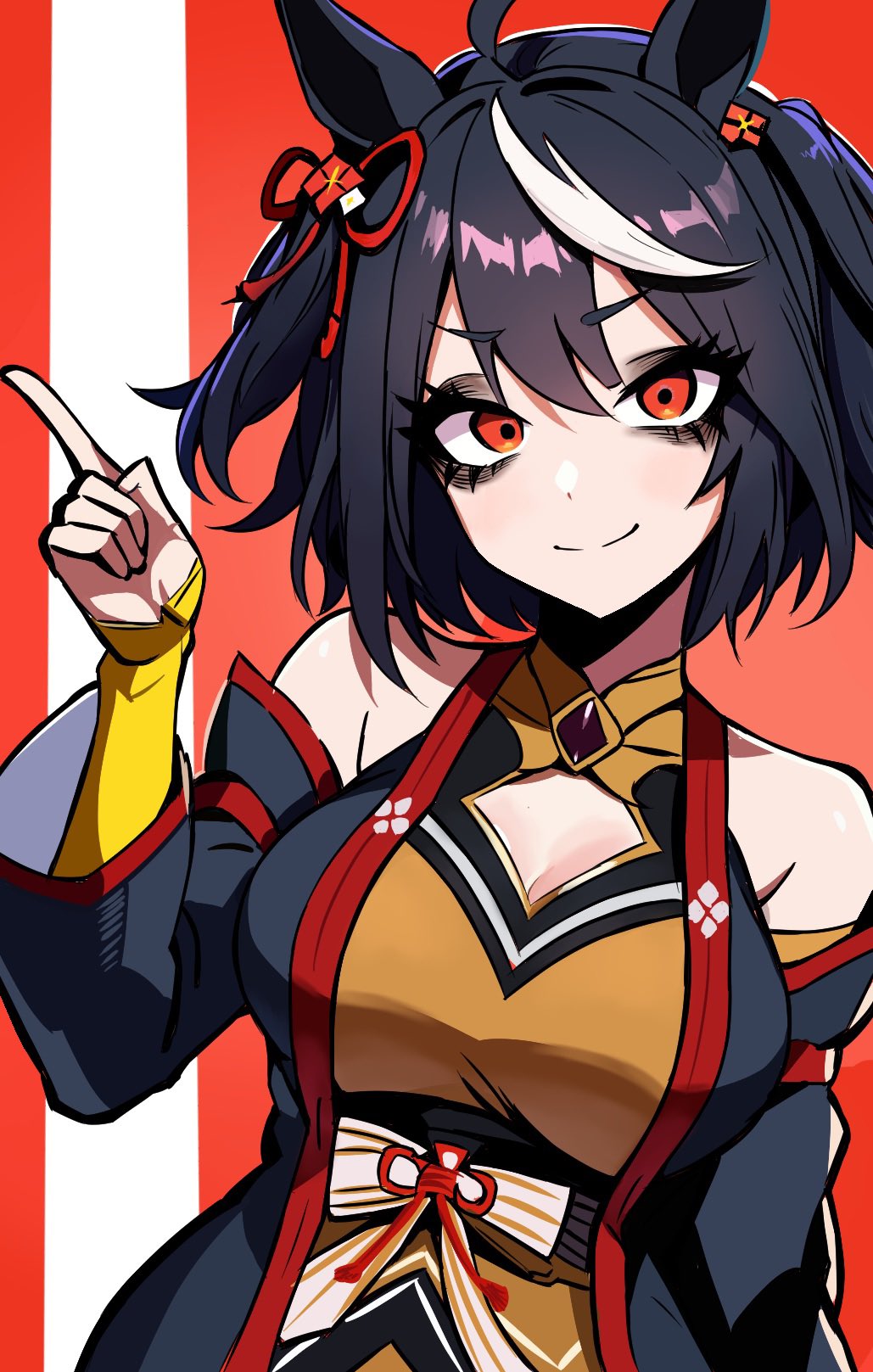 1girl, ahoge, animal_ears, bags_under_eyes, bare_shoulders, black_eyeliner, black_eyeshadow, black_hair