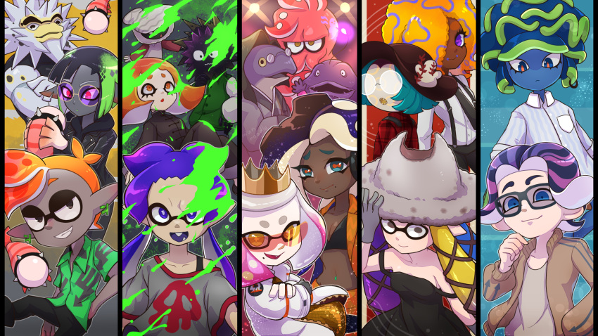 6+boys, 6+girls, aqua_eyes, aqua_hair, bare_shoulders, beika_(splatoon), black_bra, black_dress